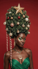 Photorealistic portrait of a black woman in a bright green dress, evening makeup, and a high cone hairstyle styled as a Christmas tree with ornaments, garlands, glowing star on top, soft frontal ligh