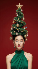 Photorealistic portrait of a asian woman in a bright green dress, evening makeup, and a high cone hairstyle styled as a Christmas tree with ornaments, garlands, glowing star on top, soft frontal ligh