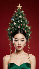 Photorealistic portrait of a asian woman in a bright green dress, evening makeup, and a high cone hairstyle styled as a Christmas tree with ornaments, garlands, glowing star on top, soft frontal ligh