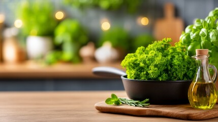Fresh Herbs and Vegetables in Cooking Scene with Olive Oil on Wooden Table