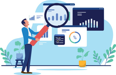 Fototapeta premium Man holding a large magnifying glass to analyse various data charts and statistics, representing market research, financial analysis, or business intelligence. Flat design vector illustration.