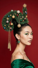 Photorealistic portrait of a asian woman in a bright green dress, evening makeup, and a high cone hairstyle styled as a Christmas tree with ornaments, garlands, glowing star on top, soft frontal ligh
