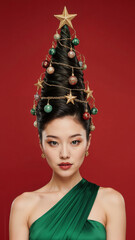 Photorealistic portrait of a asian woman in a bright green dress, evening makeup, and a high cone hairstyle styled as a Christmas tree with ornaments, garlands, glowing star on top, soft frontal ligh