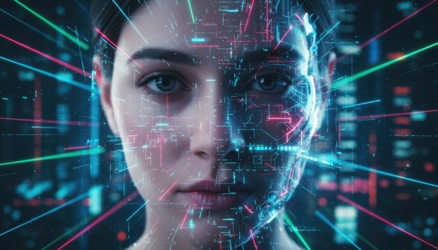 Close up portrait of woman face overlaid with digital glowing data circuits and futuristic neon light interfaces - Powered by Adobe