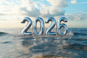 Chrome 2026 digits standing in gentle coastal water under soft cloudy sky.