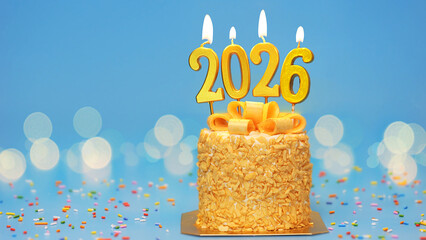 Happy New Year 2026, cute cake with golden ribbon with candle number 2026 for new year celebrate party was lit. blue background with light bokeh, horizontal