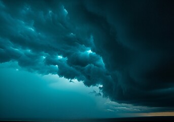 Dramatic Supercell Storm Clouds Over Ocean Horizon in Dark Teal and Navy Tones