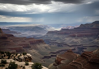 Epic Panorama of Layered Grand Canyon Rock Formations Under a Dramatic Stormy Sky.