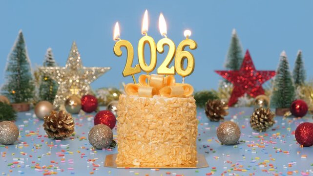Happy New Year 2026, seamless loop of cute cake with golden ribbon with candle number 2026 for new year celebrate party was lit. decorate with Christmas ornament at blue background, horizontal