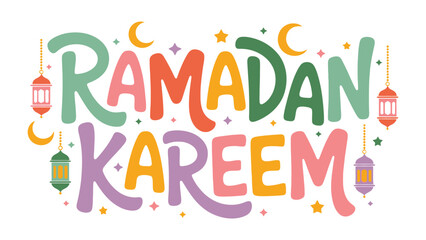 Fototapeta premium Ramadan Kareem Illustration: Festive and colorful, this illustration of Ramadan Kareem displays cheerful imagery, with elements such as lanterns, crescent moons, and stars.