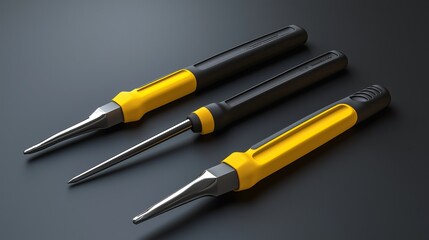 Three yellow and black handled plastic screwdriver tools on dark background showcasing industrial design and high detail in studio.