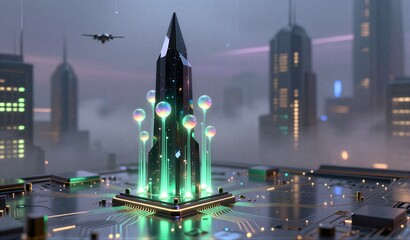 Futuristic cityscape with glowing spheres and circuit board streets under misty night sky.