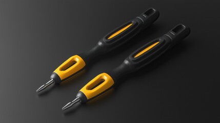 Two screwdrivers with yellow handles on black background made of plastic and metal materials for hand tool work.
