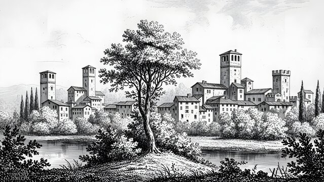 Medieval castle landscape with towers and trees