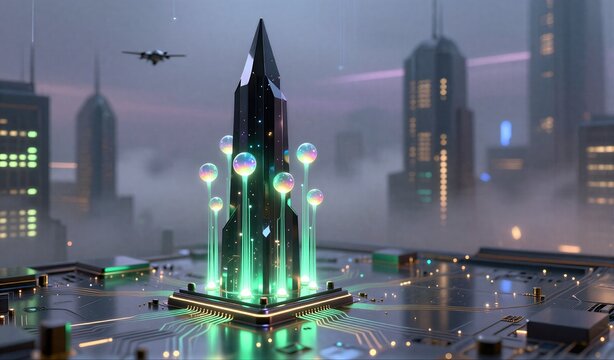 Futuristic cityscape with glowing spheres and circuit board streets under misty night sky. - Powered by Adobe