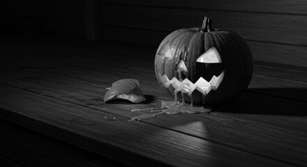 Spooky Jack-o'-Lantern: A carved pumpkin with an eerie grin, its interior glowing with light, and dripping wax, embodies the spooky spirit of Halloween on a dark wood surface.