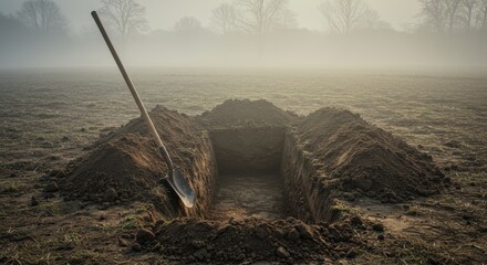 Open Grave in the Mist: An empty, freshly dug grave sits silently under a misty sky, the shovel resting nearby, as an image filled with both solemnity and the weight of finality.