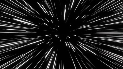 Abstract visualization of rapid hyperspace travel showing bright white star streaks accelerating through the deep black void of outer space, digitally rendered. - Powered by Adobe
