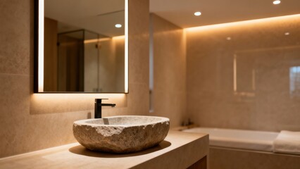Elegant bathroom featuring a natural stone sink, a modern mirror with integrated lighting.