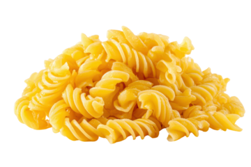 Pile of cooked yellow fusilli pasta spirals on black background food