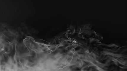 Deep black background with deep smoke drift. Soft, multi-layer smoke, Micro-floating particles are clearly visible in the air, small dust-like particles that capture a dull light