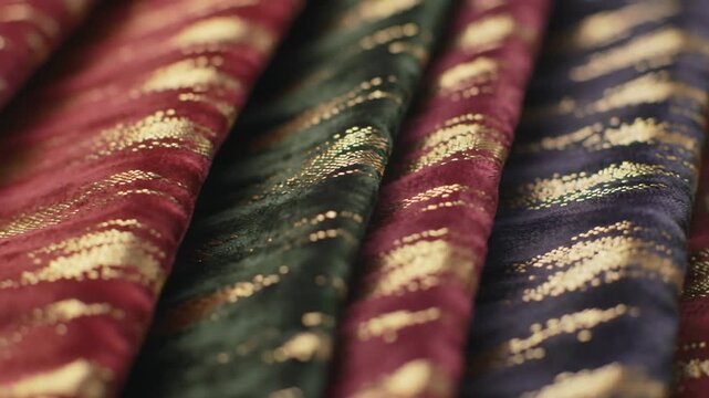 Detailed close-up of abstract gold pattern on red, purple, and green textile fabric material.