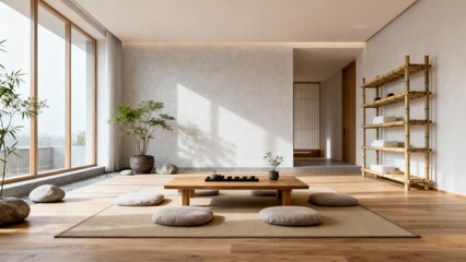 Serene zen room with natural light, minimal decor, and tranquil ambiance for meditation and relaxation.