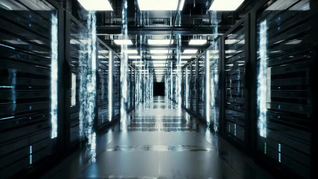 Data center server room with binary code stream for technology and network concept.