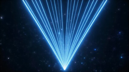 Dynamic retro futuristic converging blue neon laser lines creating an intense glowing triangle pattern over a black starry digital universe backdrop. - Powered by Adobe