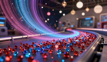 Neon-lit futuristic conveyor belt scattered with glowing red and blue gems under cosmic lights.