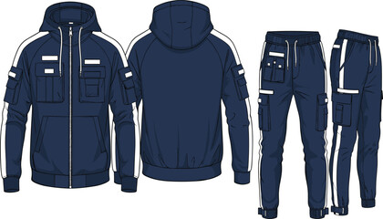 Naklejka premium Technical fashion illustration of hooded utility tracksuit with cargo pockets jacket and jogger pants front and back views