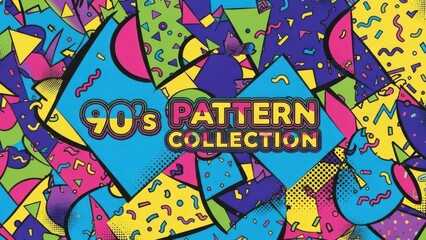 Vibrant 90s pattern collection with colorful geometric shapes and confetti