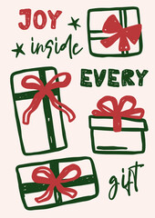 Whimsical Christmas vector card. Vintage retro holidays print design with gift boxes coquette illustration