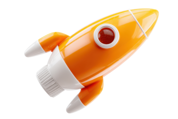 Orange and white toy rocket ship with red window on black background spaceship