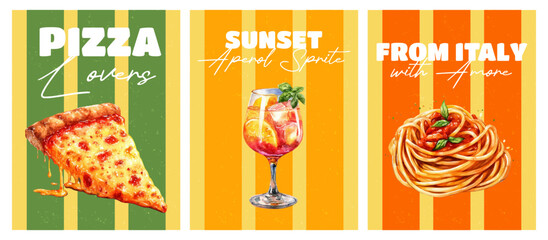 Vintage Italian poster with pizza and pasta illustrations, Aperol glass, Mediterranean menu design, summer watercolor food elements, Amalfi coast motifs.Summer posters with Italian menu. © Narin