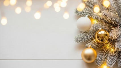 Festive Christmas tree branch with gold and white ornaments on white wooden background