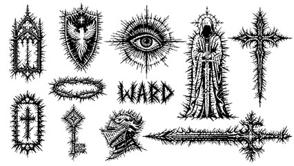 Gothic and occult symbol set with dark spiky forms and pixel-based texture