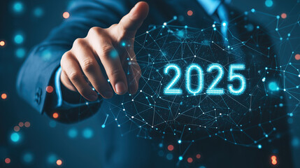Business hand reaches toward glowing digital numbers representing strategic future year.