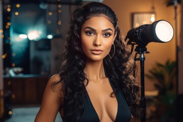 Glamorous woman with long dark hair posing during a studio photoshoot with a bright light