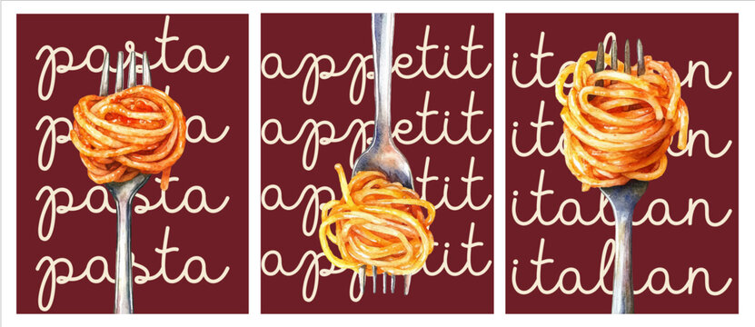 Poster with spaghetti and menu with watercolor Mediterranean elements. Poster with spaghetti wrapped around a fork. Italian coast food, with summer Amalfi aesthetic.