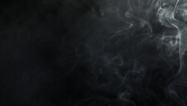 Deep black background with deep smoke drift. Soft, multi-layer smoke, Micro-floating particles are clearly visible in the air, small dust-like particles that capture a dull light