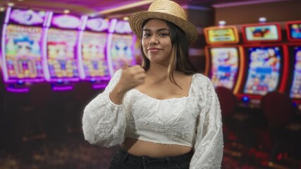 Woman with straw hat and white blouse makes a fist pump by slot machines inside a building; excitement luck.