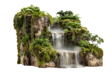 Miniature moss covered rock formation with cascading waterfalls and lush green foliage cascade
