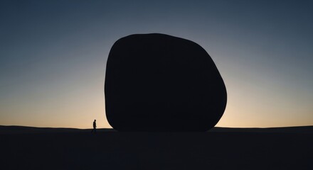 Silhouette of a person standing before a large rock formation at dusk.