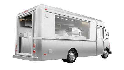 Silver food truck PNG isolated on transparent background, mobile kitchen catering vehicle for street food business