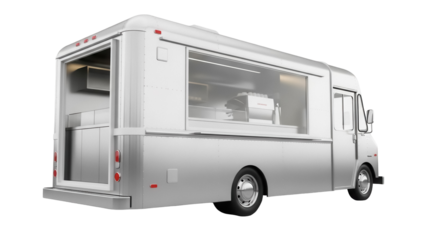 Silver food truck PNG isolated on transparent background, mobile kitchen catering vehicle for street food business