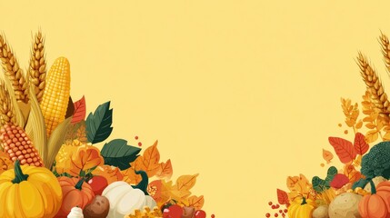 The background of the poster is a light yellow color with orange and red maple leaves, with an empty basket on top filled with vegetables such as tomatoes, peppers, eggplants, garlic, and other produc