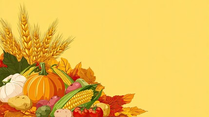 The background of the poster is a light yellow color with orange and red maple leaves, with an empty basket on top filled with vegetables such as tomatoes, peppers, eggplants, garlic, and other produc
