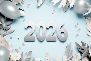 Silver digits surrounded by sculpted foliage create elegant monochrome celebratory frame.