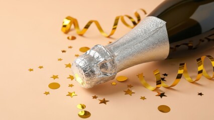 Champagne bottle with silver foil and gold confetti on peach background